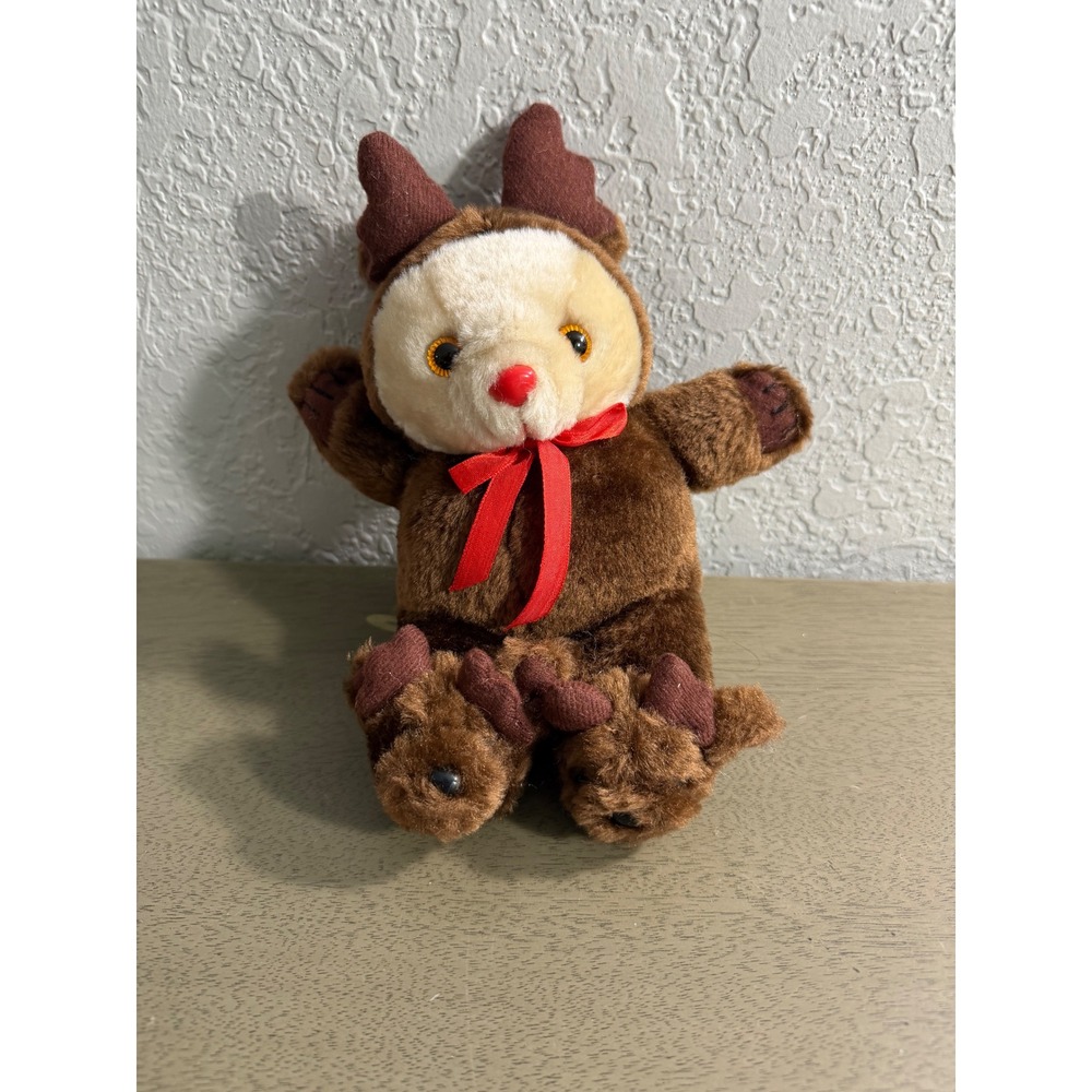 Vintage Christmas Teddy Bear Reindeer Costume Plush Brown Holiday Decor 10 inch